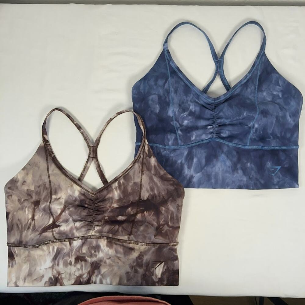 Lot 2 Gymshark Elevate Longline Sports Bra Cement Brown Lakeside Blue M